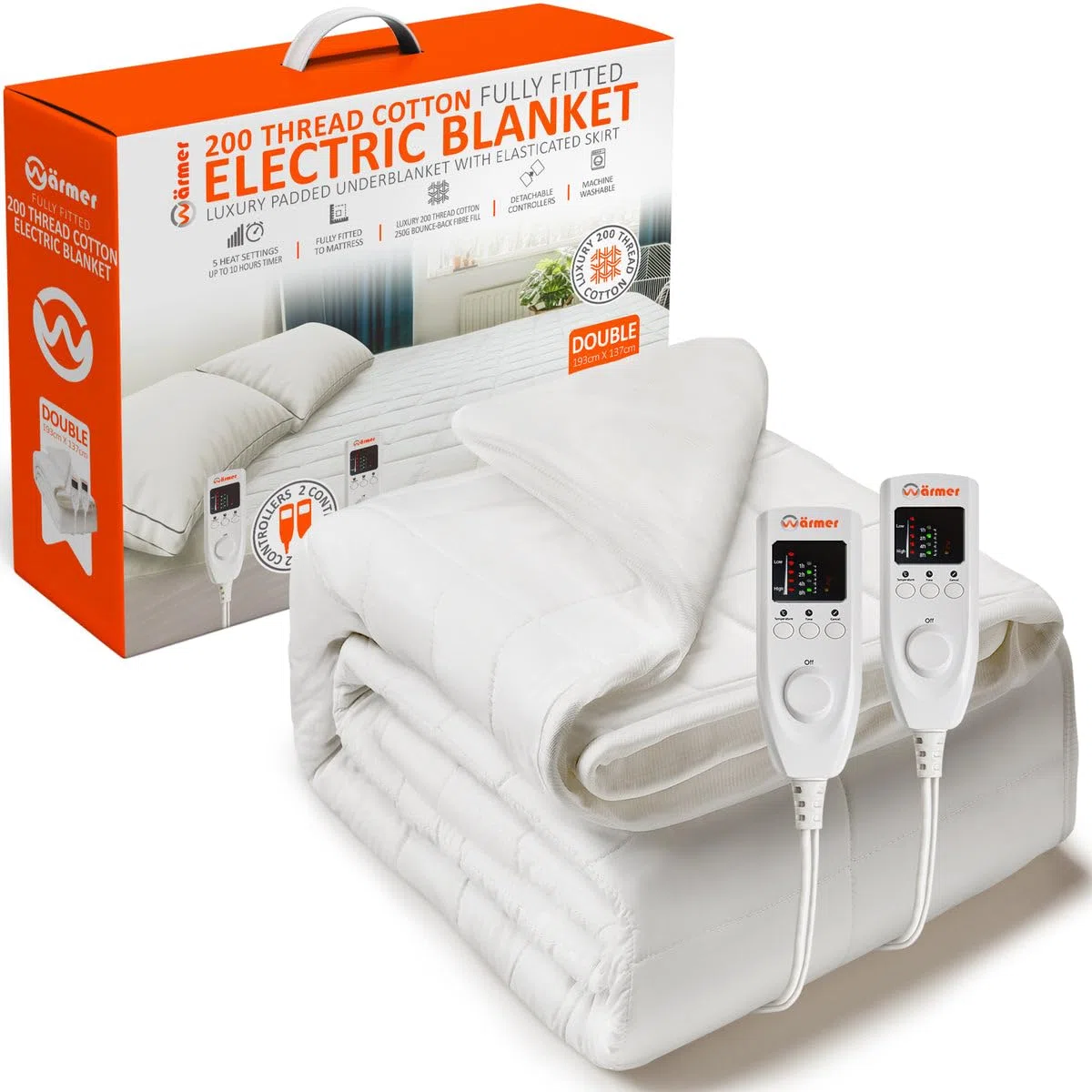 Wärmer Couverture chauffante électrique rembourrée en coton - Double (193 x 137 cm) - Entièrement ajustée, double contrôleur, lavable en machine, contrôleur amovible - Double