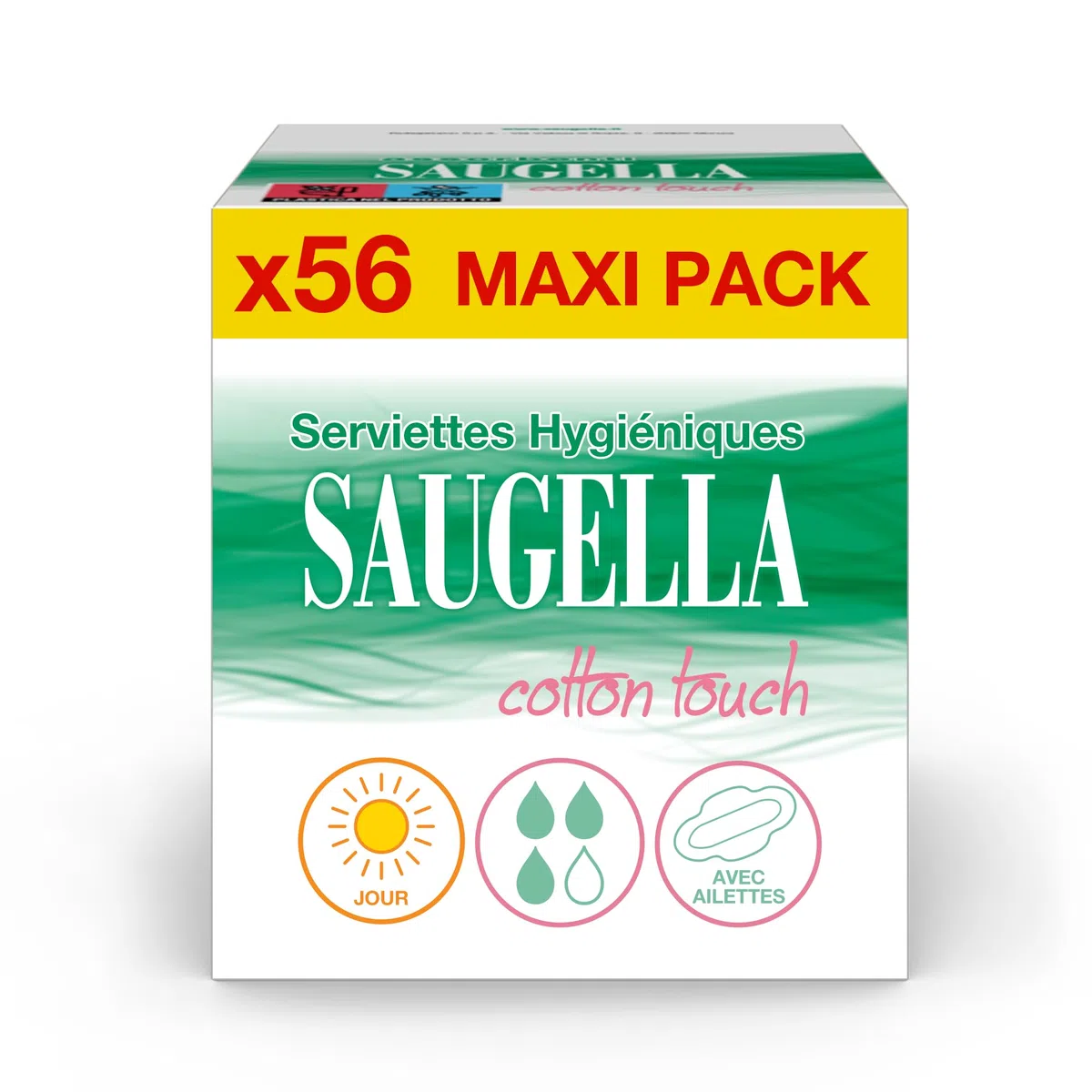 Saugella - Cotton Touch Jour - Serviettes Hygiéniques - Très Absorbantes – Extra-fines - Hypoallergéniques Avec Ailettes - Anti-Odeurs - 56 Serviettes - Lot De 4x14