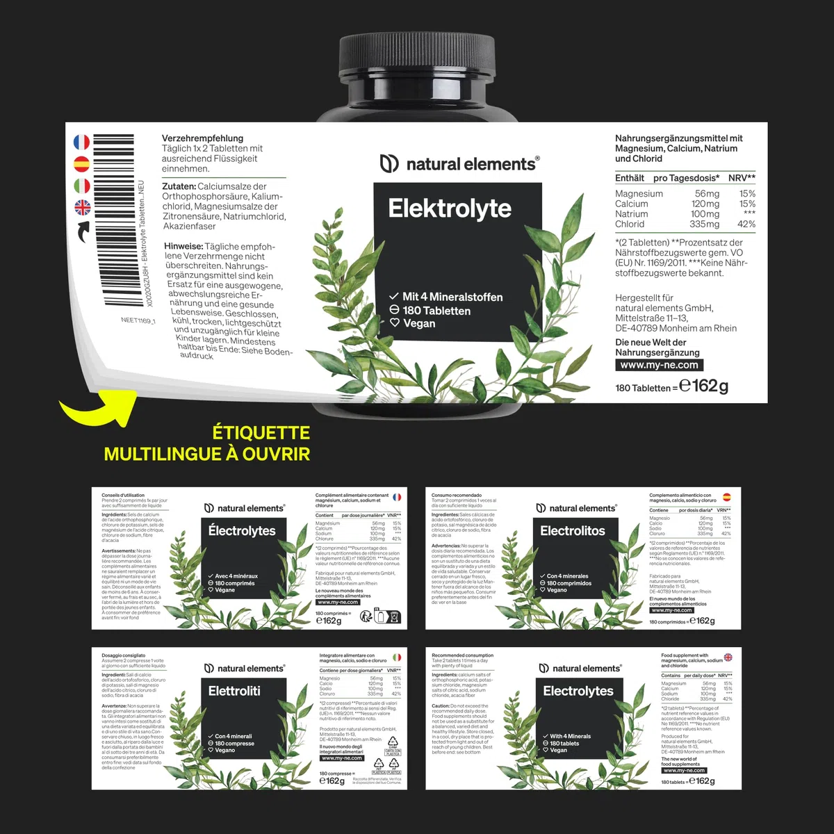 Électrolytes en comprimés – 180 comprimés avec magnésium, calcium, sodium et chlorure – magnésium pour votre équilibre électrolytique et votre fonction musculaire – convient au régime keto