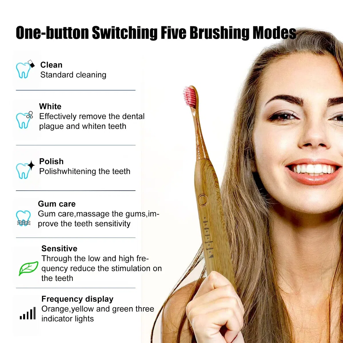 Brosse à dents électrique sonique en bambou – 4 têtes de brosse en bambou remplaçables, respectueux de l'environnement, étanche IPX7, brosse à dents électrique, interrupteur à un bouton, 5