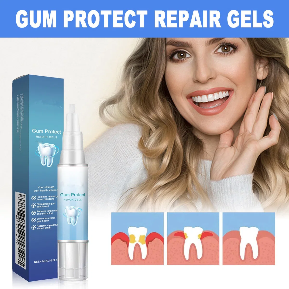 Gel Restauration Des Gencives,Réparation et Soin des Gencives pour des Gencive Saines,Rafraîchit l'Haleine,Nettoie en Profondeur,4ML,1PC