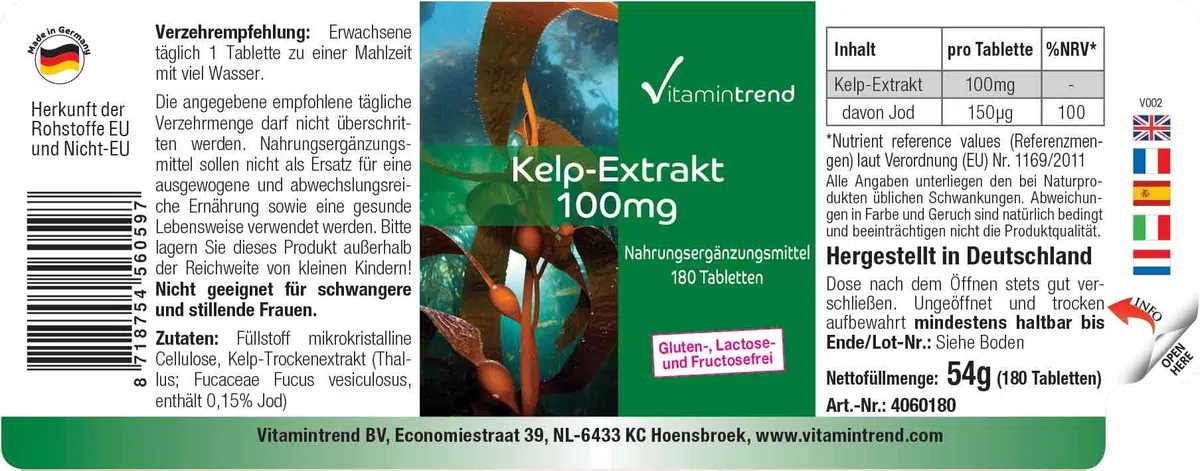 Vitamintrend Extrait de Kelp 100 mg, 180 comprimés, faciles à avaler, iode naturel, complément alimentaire végan sans stéarate de magnésium, fabriqué en Allemagne